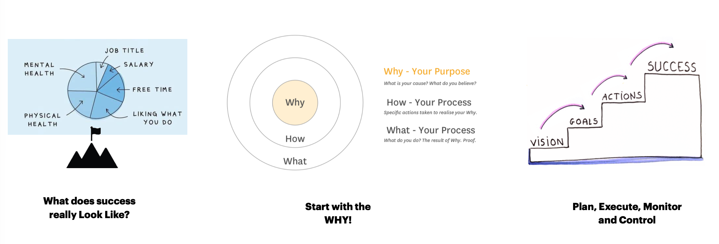 Define Success - What does success look like, Start with WHY, Plan Execute Monitor Control
